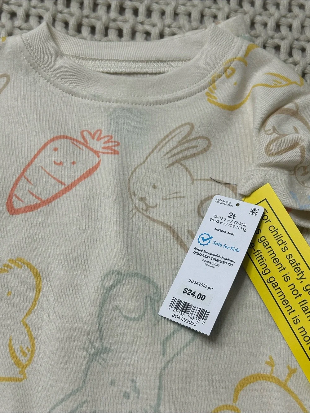 NWT Sibling Set of Soft  Cream Bunny & Carrot Kids PJs size 2T and newborn